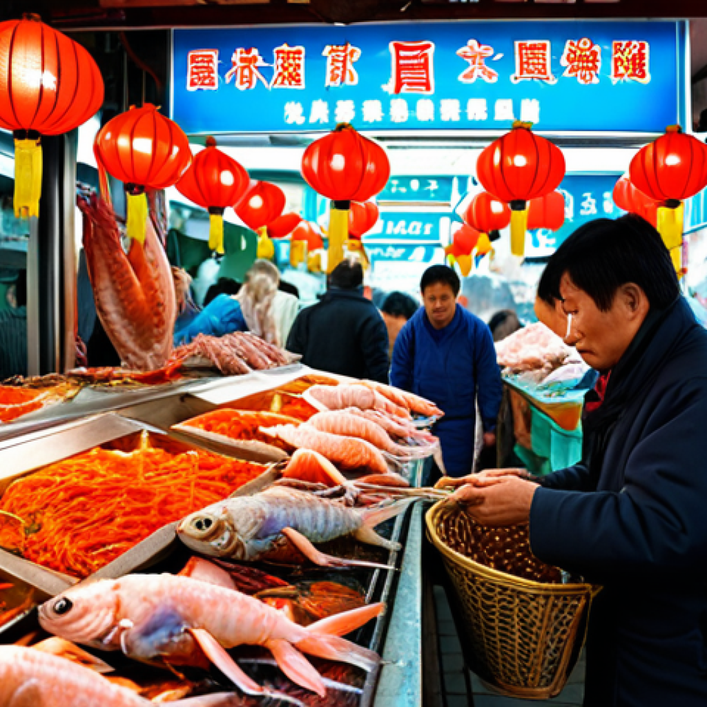 **Image Prompt:** A vibrant and bustling Taiwanese fish market scene. Focus on the colorful array of seafood on display: glistening fish, giant prawns, and various shellfish. Capture the energy of the vendors calling out prices and the movement of customers. Include elements like traditional lanterns and Chinese signage to establish the location.