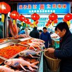 **Image Prompt:** A vibrant and bustling Taiwanese fish market scene. Focus on the colorful array of seafood on display: glistening fish, giant prawns, and various shellfish. Capture the energy of the vendors calling out prices and the movement of customers. Include elements like traditional lanterns and Chinese signage to establish the location.
