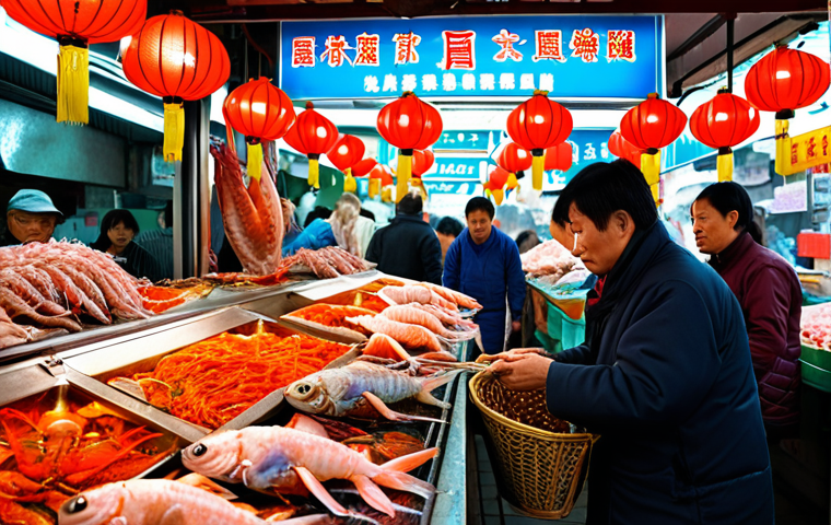 **Image Prompt:** A vibrant and bustling Taiwanese fish market scene. Focus on the colorful array of seafood on display: glistening fish, giant prawns, and various shellfish. Capture the energy of the vendors calling out prices and the movement of customers. Include elements like traditional lanterns and Chinese signage to establish the location.
