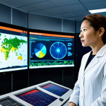 A professional female scientist, middle-aged, with a focused and determined expression, fully clothed in a modest, professional business suit. She stands within a cutting-edge disaster operations center, illuminated by the vibrant glow of multiple large, interactive display screens. These screens showcase complex real-time data, including detailed seismic activity maps, live weather radar tracking a typhoon's trajectory, and intricate data visualizations generated by AI predictive models. The environment is high-tech, with advanced computing equipment and ergonomic workstations subtly visible. The image is a professional photograph, featuring perfect anatomy, correct proportions, and a natural pose, with well-formed hands and proper finger count. It is high resolution, ultra-detailed, safe for work, appropriate content, fully clothed, professional, and family-friendly.