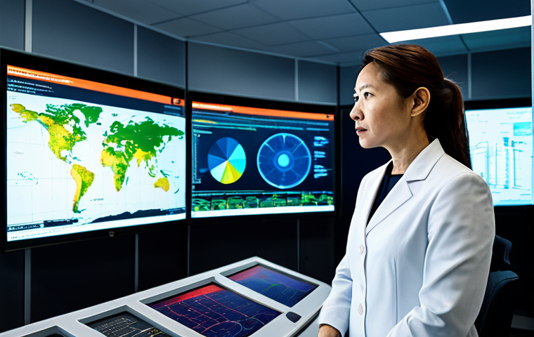 A professional female scientist, middle-aged, with a focused and determined expression, fully clothed in a modest, professional business suit. She stands within a cutting-edge disaster operations center, illuminated by the vibrant glow of multiple large, interactive display screens. These screens showcase complex real-time data, including detailed seismic activity maps, live weather radar tracking a typhoon's trajectory, and intricate data visualizations generated by AI predictive models. The environment is high-tech, with advanced computing equipment and ergonomic workstations subtly visible. The image is a professional photograph, featuring perfect anatomy, correct proportions, and a natural pose, with well-formed hands and proper finger count. It is high resolution, ultra-detailed, safe for work, appropriate content, fully clothed, professional, and family-friendly.