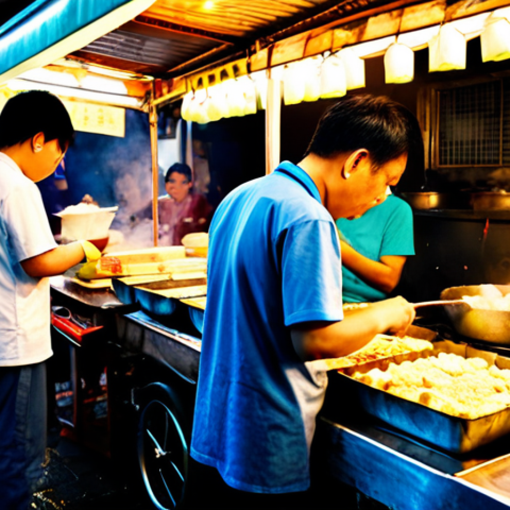 Stinky Tofu Night Market Scene**

"A bustling Taiwanese night market at dusk, featuring a vendor selling Stinky Tofu. The vendor is preparing a serving with various toppings, steam rising from the tofu. Focus on the vibrant colors of the market stalls, the aroma of the food, and the crowded atmosphere. Include quality modifiers: high resolution, detailed, realistic, perfect anatomy, natural proportions, fully clothed, appropriate attire, safe for work, professional, modest, family-friendly."

**