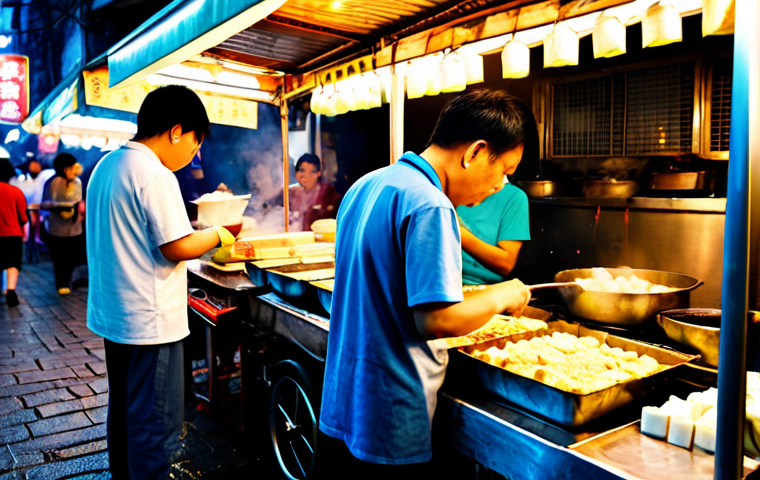 Stinky Tofu Night Market Scene**

"A bustling Taiwanese night market at dusk, featuring a vendor selling Stinky Tofu. The vendor is preparing a serving with various toppings, steam rising from the tofu. Focus on the vibrant colors of the market stalls, the aroma of the food, and the crowded atmosphere. Include quality modifiers: high resolution, detailed, realistic, perfect anatomy, natural proportions, fully clothed, appropriate attire, safe for work, professional, modest, family-friendly."

**