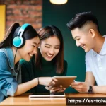 대만의 현대 가요 추천곡 - **Prompt:** A young, diverse group of friends (early 20s) is gathered in a vibrant, modern cafe, all...