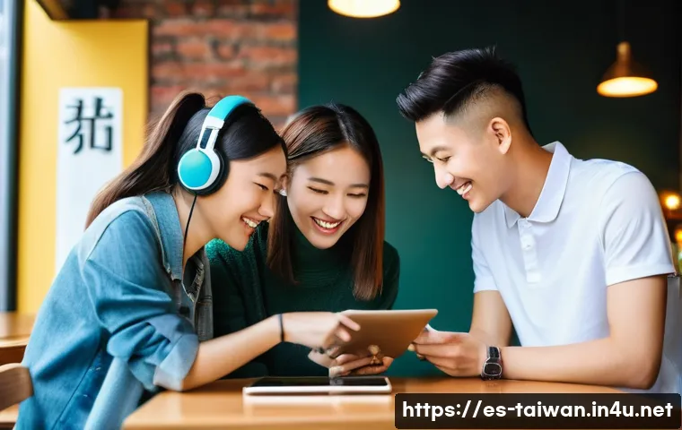 대만의 현대 가요 추천곡 - **Prompt:** A young, diverse group of friends (early 20s) is gathered in a vibrant, modern cafe, all...