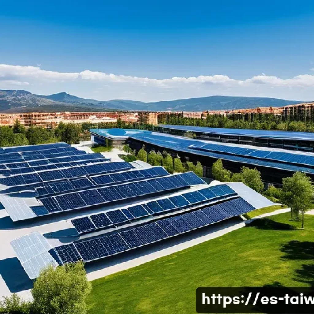 중화민국의 경제 특구 소개 - A bustling modern technology park in Spain during daytime, showcasing sleek glass office buildings w...