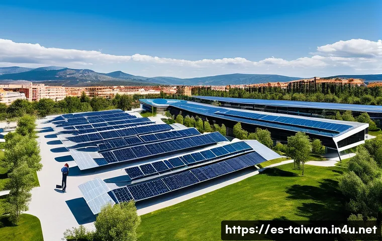 중화민국의 경제 특구 소개 - A bustling modern technology park in Spain during daytime, showcasing sleek glass office buildings w...