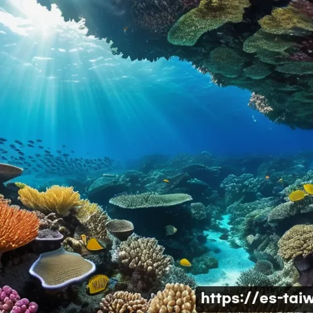 대만의 해양 생태 관광지 - A vibrant underwater scene showcasing the coral reefs of Taiwan’s Green Island, featuring colorful c...