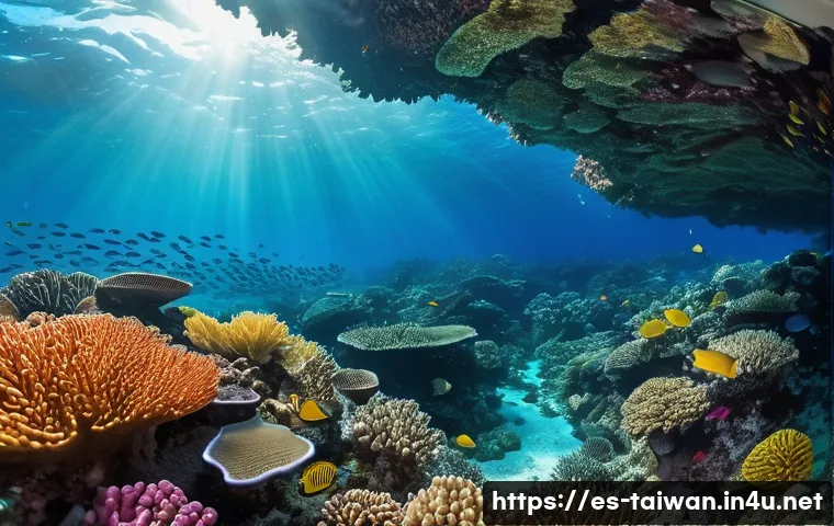 대만의 해양 생태 관광지 - A vibrant underwater scene showcasing the coral reefs of Taiwan&rsquo;s Green Island, featuring colorful c...