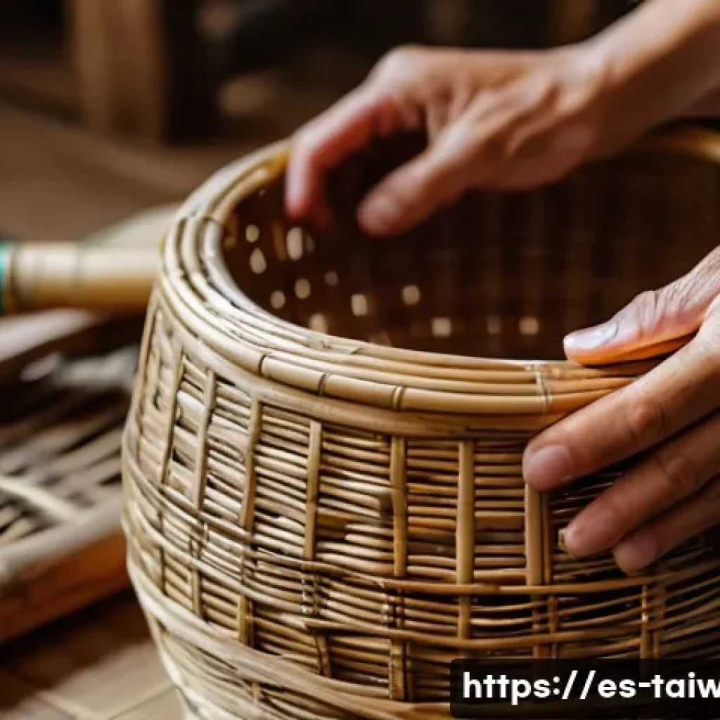 대만의 전통 공예품 구입 팁 - A close-up scene of a skilled Taiwanese artisan weaving a bamboo basket using traditional techniques...