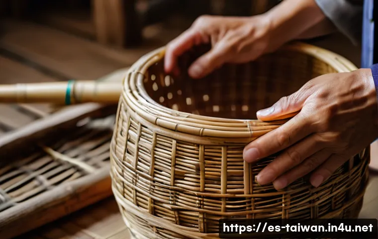 대만의 전통 공예품 구입 팁 - A close-up scene of a skilled Taiwanese artisan weaving a bamboo basket using traditional techniques...