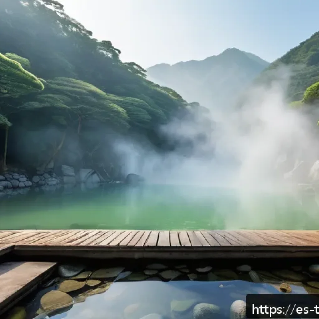 대만의 온천 여행지 추천 - A serene outdoor hot spring bath scene in the lush mountains of Taiwan during early morning mist, su...
