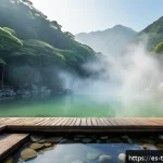 대만의 온천 여행지 추천 - A serene outdoor hot spring bath scene in the lush mountains of Taiwan during early morning mist, su...