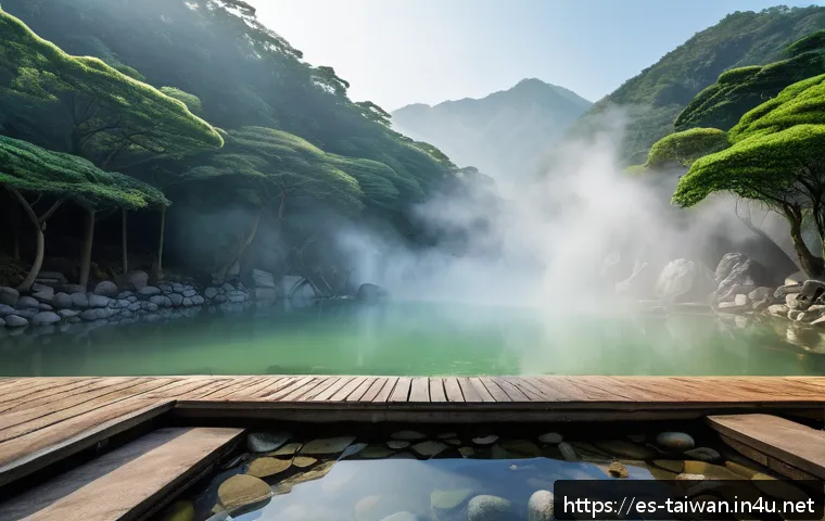 대만의 온천 여행지 추천 - A serene outdoor hot spring bath scene in the lush mountains of Taiwan during early morning mist, su...