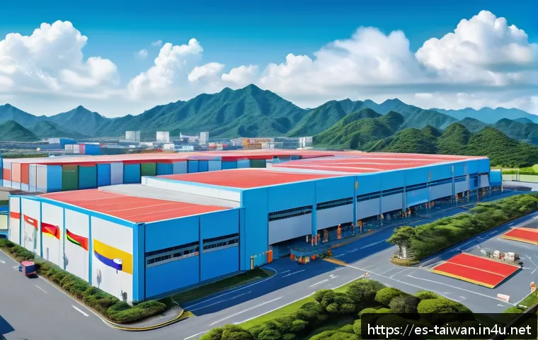 대만과 중국 대륙의 갈등 - A detailed digital illustration of a bustling semiconductor manufacturing facility in Taiwan, showca...