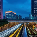 대만 여행 필수 어플 - A vibrant urban scene in Taipei at dusk, featuring diverse travelers using their smartphones to navi...