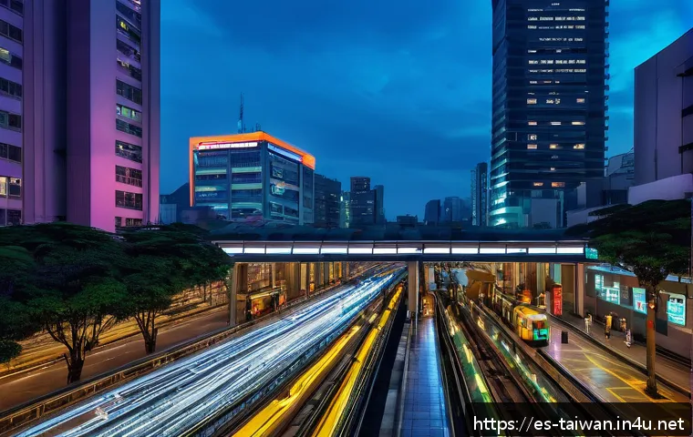대만 여행 필수 어플 - A vibrant urban scene in Taipei at dusk, featuring diverse travelers using their smartphones to navi...