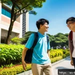 대만에서 학업 유학 준비법 - A vibrant university campus scene in Taipei, Taiwan, featuring diverse international students engage...