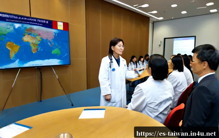 중화민국과 WHO 관계 - Photorealistic international public health conference in a bright modern hall, a Taiwanese medical r...